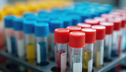Test tubes with red and blue caps in laboratory rack. Tubes contain colored liquids and samples. Various colors of caps and liquids in tubes. Laboratory equipment for medical research and testing.