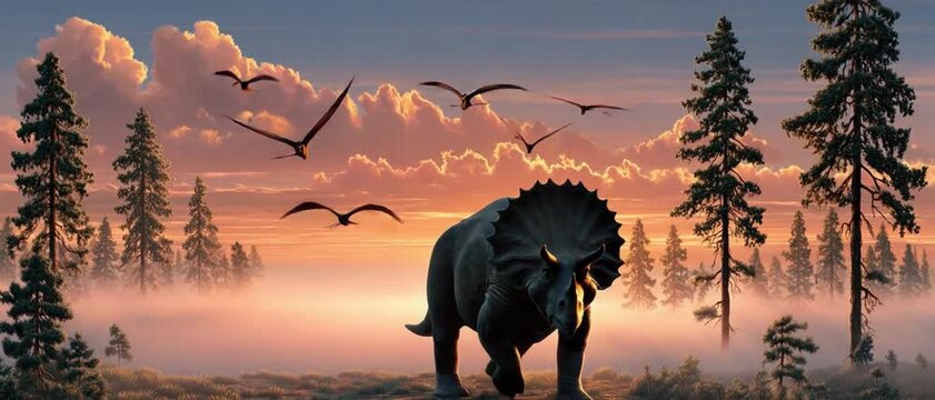 Dinosaur and Landscape: A majestic dinosaur roams freely across a serene landscape. The scene is illuminated by the soft glow of a setting sun.