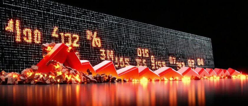 Financial Downturn: A dramatic depiction of financial decline, with cascading red arrows symbolizing market crashes against a backdrop of abstract data