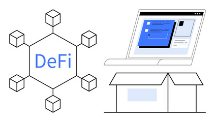 Blockchain network with linked nodes labeled DeFi, laptop screen interface, and open box. Ideal for finance, innovation, technology, blockchain, e-commerce decentralization online trends. Simple
