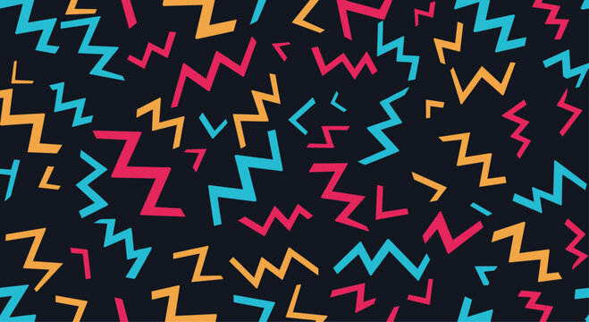 Vibrant abstract seamless pattern featuring colorful zig-zag elements in a retro 80s or 90s style on a dark background.