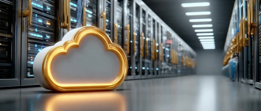 Cloud Computing Technology: A detailed illustration showcasing a modern data center with server racks lining the corridor, a cloud symbol serves as the focal point.