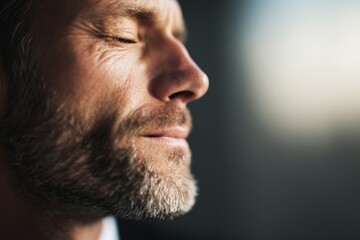 Obraz premium Close-up of businessman exhaling deeply in relief after completing a successful meeting.