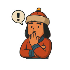 Surprised man in traditional winter outfit. Shocked northern character with exclamation mark.