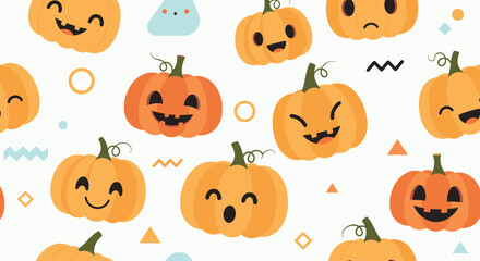 Obraz premium A delightful seamless pattern featuring adorable cartoon Halloween pumpkins with various facial expressions, perfect for autumn and holiday designs.