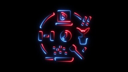 Neon icons representing online video creation fitness time management plant growth and cooking on black background