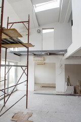 interior of construction site with scaffolding