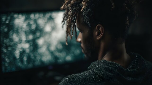A man with dreadlocks seen from the side intensely focused on a blurred computer screen in a dark dimly lit room