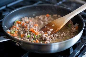 Wooden spoon stirring delicious mixture of ground meat and vegetables in a frying pan