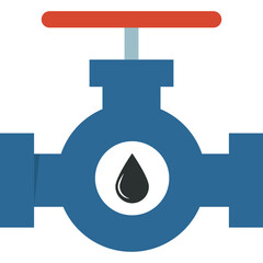 Blue Industrial Valve with Red Handle Controls Flow of Dark Liquid Drop on Transparent Background