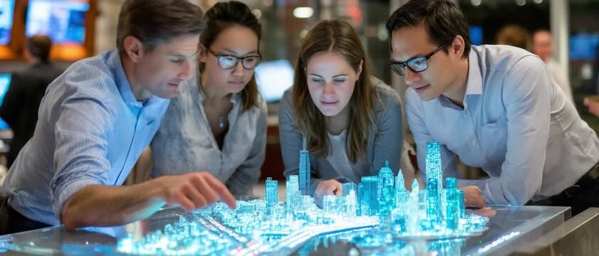 City Planning Visionaries: A focused group of urban planners gather around a miniature city model, their expressions reflecting innovation and dedication.