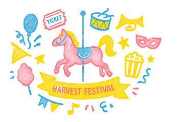 Colorful harvest festival invitation featuring a carousel horse and various festive elements