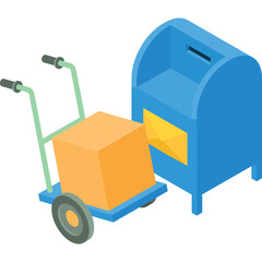 Blue Mailbox and Orange Parcel on Hand Truck with Transparent Background