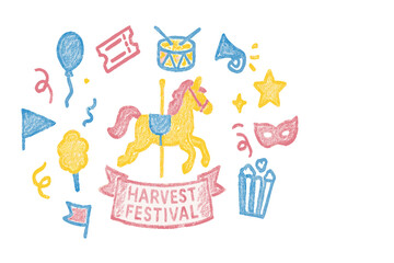 Colorful decorations celebrating a harvest festival with various fun activities and attractions for all ages