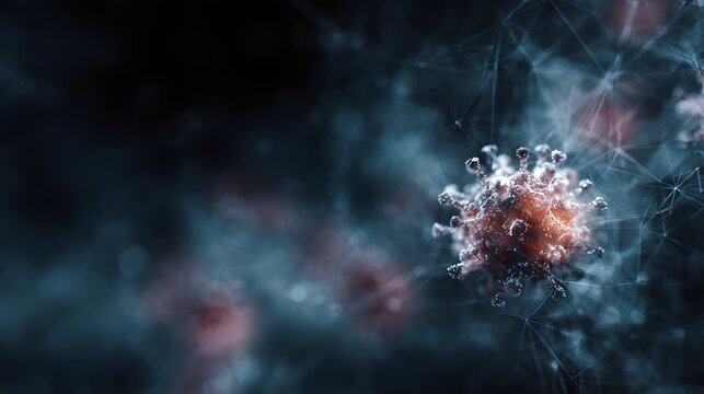 Microscopic virus particle depicted within a digital network symbolizing infection and scientific research - Powered by Adobe
