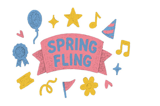 Spring fling celebration banner featuring colorful decorations and fun shapes