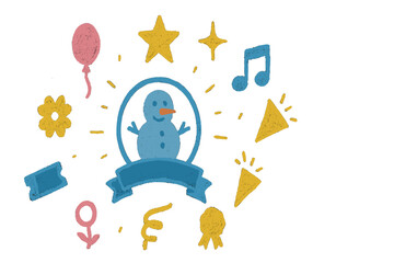 Decorative winter scene with a snowman surrounded by festive elements in a cheerful setting