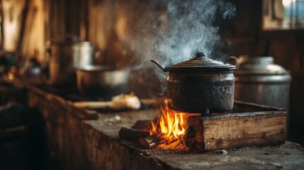 Traditional Cooking on Rustic Stove with Steaming Pot Over Open Flame in Cozy Kitchen Setting, Evoking Nostalgia and Warmth of Home-Cooked Meals