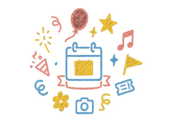 Colorful celebration elements featuring a calendar, balloon, stars, and musical notes for event planning and joyous occasions