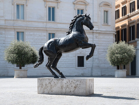 Dramatic statue of a rearing horse against a classical building backdrop. Symbol of power, freedom, and heritage. Ideal for travel, history, or art concepts.