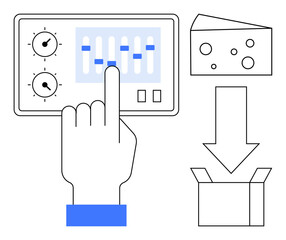 Hand interacting with touchscreen control panel, cheese representation, and packaging process arrow. Ideal for automation, production, technology, factory, food industry, efficiency simple flat