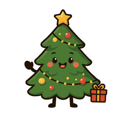 Cartoon Christmas Tree Character with Gift