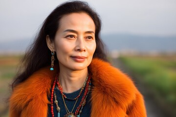 A portrait of a long-haired woman standing outdoors facing the camera, with soft lighting highlighting her facial features, creating a relaxed atmosphere.