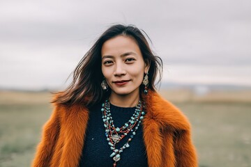 A portrait of a long-haired woman standing outdoors facing the camera, with soft lighting highlighting her facial features, creating a relaxed atmosphere.