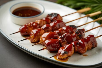 Delicious grilled chicken skewers glazed with savory sauce on a plate