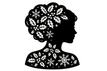 Woman silhouette profile with festive holly and snowflakes representing winter holiday style and seasonal decoration