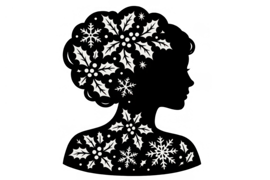 Woman silhouette profile with festive holly and snowflakes representing winter holiday style and seasonal decoration