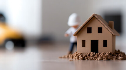 Construction is underway on a miniature house. A worker in a hard hat oversees the project. Focus on craftsmanship, planning, and building a better future. Home sweet home!