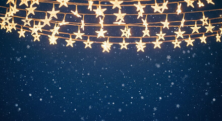 Twinkling star shaped lights illuminate a dark night sky with falling snow