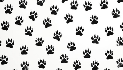 Fototapeta premium Black paw prints repeat across white background. Animal footprints create a simple, graphic pattern. Use this clean, abstract design for pet care, nature, or fun projects.