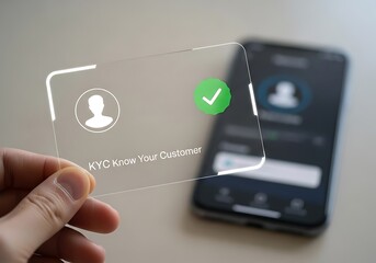 Kyc know your customer concept showing a person holding a transparent card with kyc information, with a smartphone in the background, emphasizing identity verification
