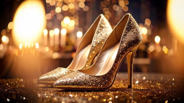 A pair of glittering gold high heels sit on a reflective surface, with soft bokeh background