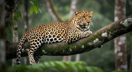 Obraz premium Leopard Lying on Tree Branch in Dense Jungle with Green Foliage