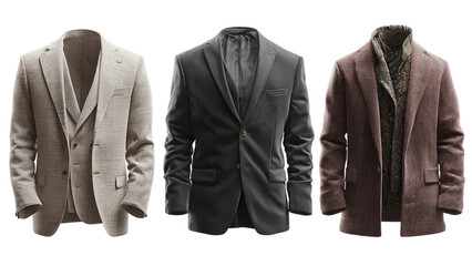 Three stylish blazers in varied colors beige black and burgundy perfect for any formal occasion isolated on transparent background