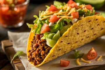 Delicious hard shell taco overflowing with seasoned ground beef and fresh toppings