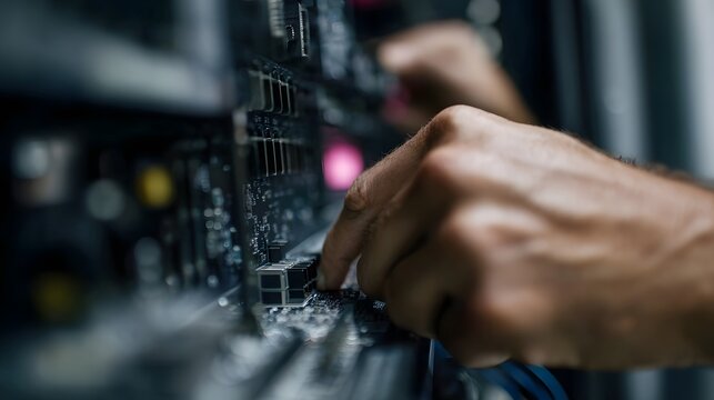 Skilled hands performing intricate connections and maintenance on modern network server hardware in a technology environment