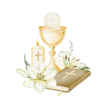 Golden chalice, Eucharistic host, white lilies, candle, and Bible. Watercolor isolated religious clipart. Composition for First Communion, baptism invitations, church stationery, spiritual projects