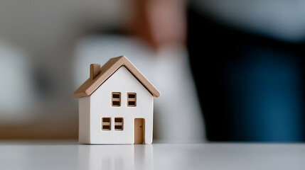 A miniature white house with a brown roof sits on a white surface. It represents home, security, investment, or dreams of property ownership in a simple, clean style.