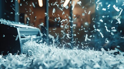Repudiation Day: paper shredder destroying legal documents in modern office, close-up view, natural office lighting, sharp details, professional business environment