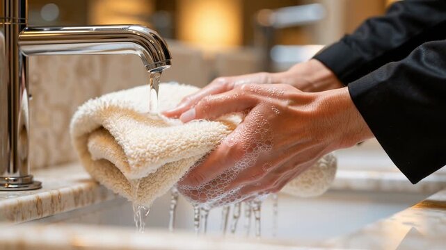 close-up of person hand-washing a towel with soap and warm water in bathroom sink