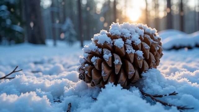 Magical winter scene with sunlight filtering through trees and a snow-covered pinecone resting on a pristine blanket of fresh snow