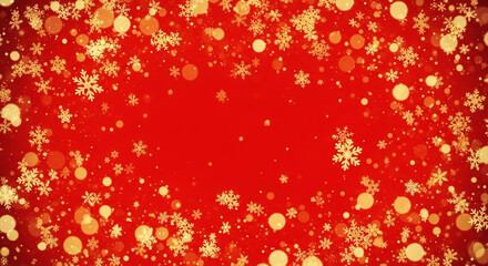 Sparkling golden snowflakes and bokeh lights on a deep red festive holiday background