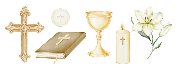 Cross, Bible, golden chalice, white lily, candle, Eucharist host. Christian isolated watercolor clipart set. Perfect for Holy Communion, baptism, confirmation cards, church and religious designs