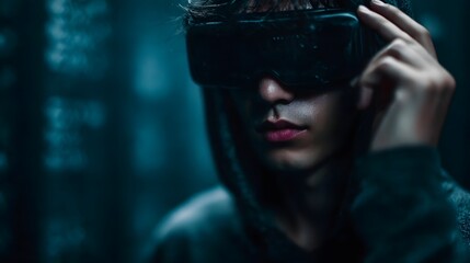 Focused young person wearing a VR headset hand touching the device immersed in a dark futuristic digital environment