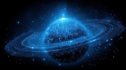 Cosmic illustration radiant blue celestial body with rings and sparkling elements