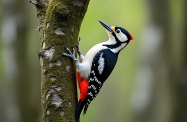 Great spotted woodpecker clings to mossy tree trunk. Bird has black white red plumage and sharp beak. Wildlife scene in green forest setting with soft background.